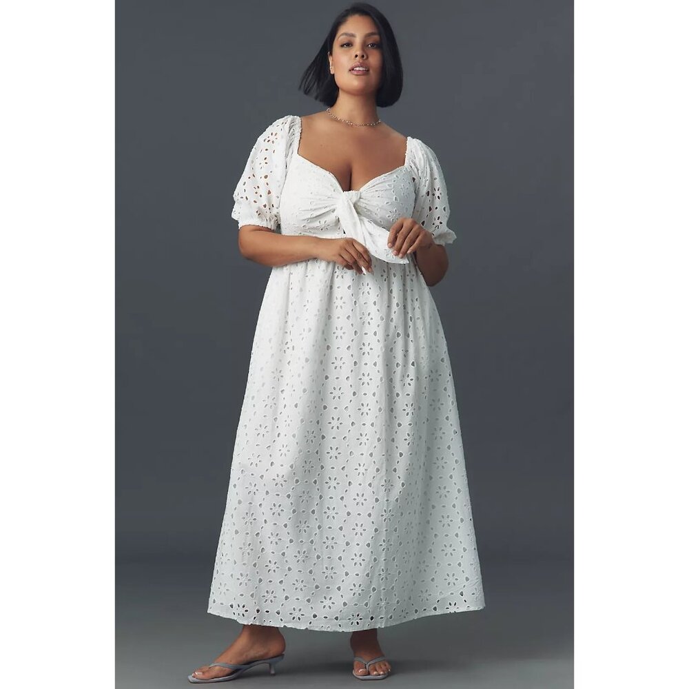 Eloquii Plus White Short-Sleeve Tie Neck Eyelet Maxi Dress Feminine & Elegant 16